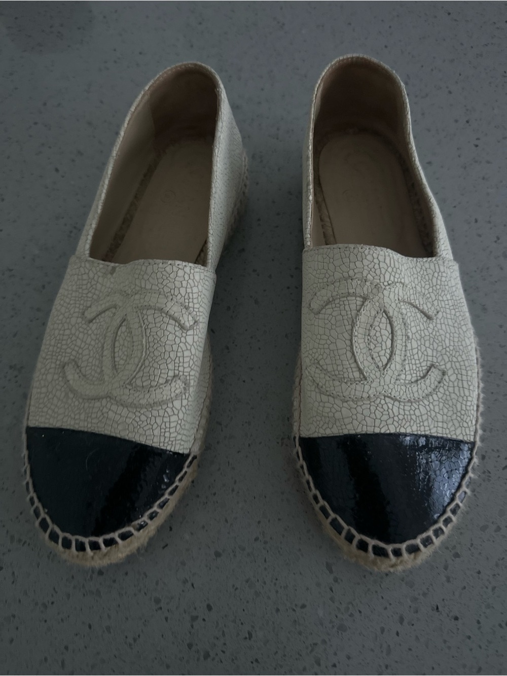 CHANEL Two-Tone Crackle Espadrilles in Cream and Black